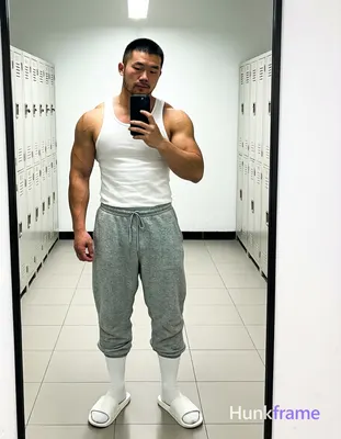 Asian man with short black buzz cut and light stubble stands full-body in front of a large mirror, f