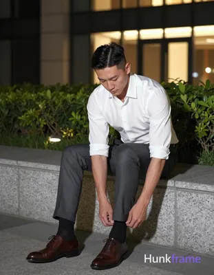 Asian man with short dark straight side-parted hair and clean-shaven face, slim build seated on ston