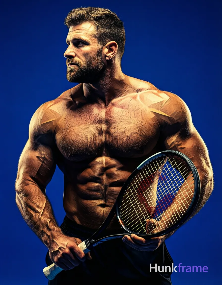 A stocky muscular man stands in three-quarter profile facing left, shirtless with a bare chest and defined abdominal muscles. He holds a tennis racket near his waist against a solid royal blue studio backdrop. Dramatic lighting from the upper left sculpts broad shoulders and dense body hair texture within stylized painterly brushwork. High-contrast color blocking defines geometric shading on musculature in this vertical portrait., a single uninterrupted photograph only, no written words or typography anywhere in frame, no captions, no app UI, no social-media post layout, no screenshot borders