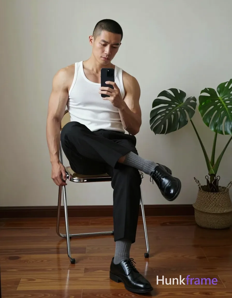Asian man with short buzz cut and light-medium skin sits on a metal-framed chair, right leg crossed over left knee, torso leaning forward holding smartphone at chest level. He wears a white ribbed tank top covering broad shoulders and defined pectorals, black tailored trousers ending mid-calf, grey pinstriped crew socks, and black leather lace-up dress shoes. Indoor room with light-colored walls and polished wooden floor; large potted monstera plant in woven basket to right. Dramatic directional lighting from front-left highlights sculpted abdominal definition and muscular thighs. Clean composition with negative space on right side, full-body shot head to mid-shin, vertical portrait orientation., a single uninterrupted photograph only, no written words or typography anywhere in frame, no captions, no app UI, no social-media post layout, no screenshot borders