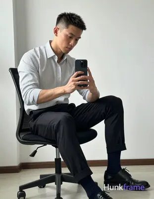 Asian man with short buzz cut, dark brown/black textured top fade to skin on sides and back, clean-s