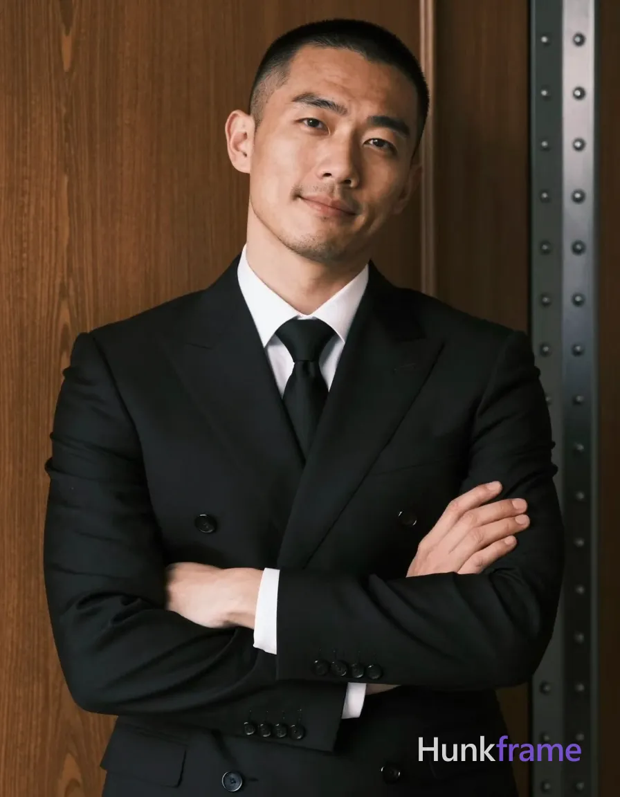 Asian man with buzz cut and light stubble stands upright in a black double-breasted wool-blend suit jacket, arms crossed over chest confidently. White dress shirt collar visible beneath peak lapels, solid black silk tie knotted at neck base. Broad shoulders show defined pectoral muscles through fabric, toned abdominal definition visible. Gentle closed-mouth smile with crinkled eyes faces camera directly, head tilted slightly right. Indoor studio setting features wood-paneled walls and metallic riveted door frame to the right. Soft directional key light illuminates left side of face creating subtle shadows on right cheekbone. High-resolution digital capture with shallow depth of field blurring background elements behind shoulders. Color grading emphasizes warm wood tones against cool black suit for visual tension between organic and manufactured textures., a single uninterrupted photograph only, no written words or typography anywhere in frame, no captions, no app UI, no social-media post layout, no screenshot borders