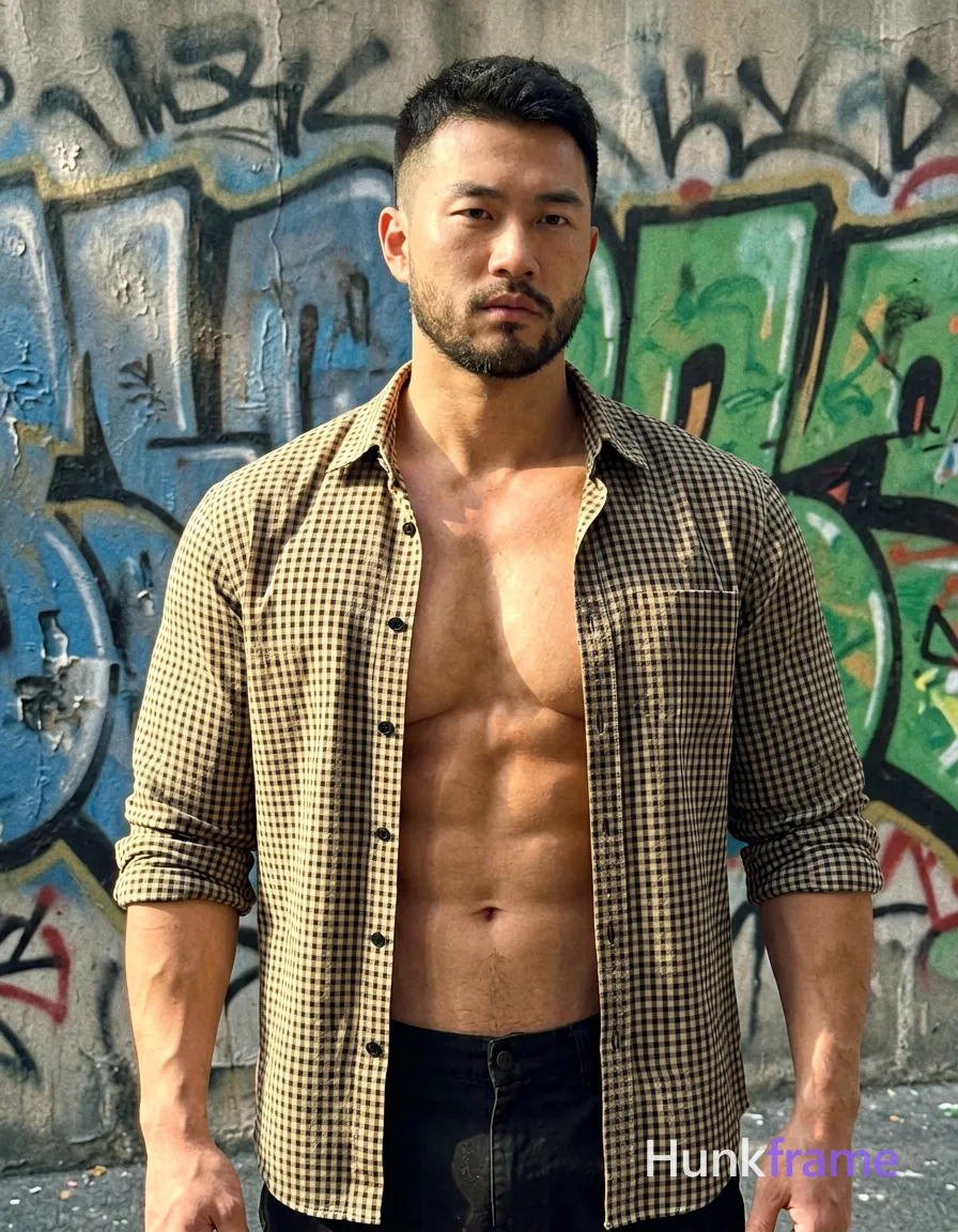 a muscular man standing confidently with his arms slightly bent at his sides, short dark hair and a beard, wearing an open-checkered button-up shirt with sleeves rolled up to elbows, revealing bare chest and abs, compact athletic build, defined abs, urban backdrop with graffiti-covered wall, natural sunlight filtering through, soft shadows on face and body, muted tones with pops of color from graffiti, gritty yet artistic atmosphere, masculine and confident mood, homoerotic fine-art tone, photoreal photography, slightly grainy texture, upper half focus emphasizing muscular build