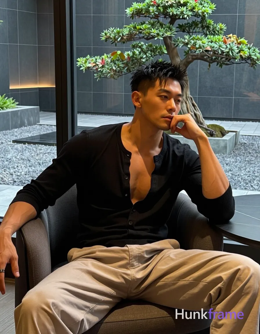 Photograph of exactly 1 adult man. Man 1: East Asian, medium tan with warm undertones, square jawline, defined cheekbones, straight nose bridge, short spiky black hair, textured top, tapered sides and back, clean-shaven chin and jawline, faint stubble on upper lip only. Man 1 has fully exposed eyes, eyebrows, temples and nose bridge. East Asian man with medium tan skin, broad shoulders seated sideways in upholstered chair. Right elbow propped on round black table while hand supports chin during contemplative mirror selfie. Black long-sleeve ribbed Henley shirt reveals upper chest paired with loose light beige wide-leg trousers. Vertical portrait crop from mid-thigh up to head showing full body shot angled slightly downward in frame. Indoor lounge near large glass window overlooking gravel garden, manicured bonsai trees against dark tiled wall. Soft natural daylight highlights face and arms while warm ambient interior casts subtle shadows on left side. Fine-art photography aesthetic with dramatic soft lighting emphasizing sculpted masculine form in minimalist urban-chic palette