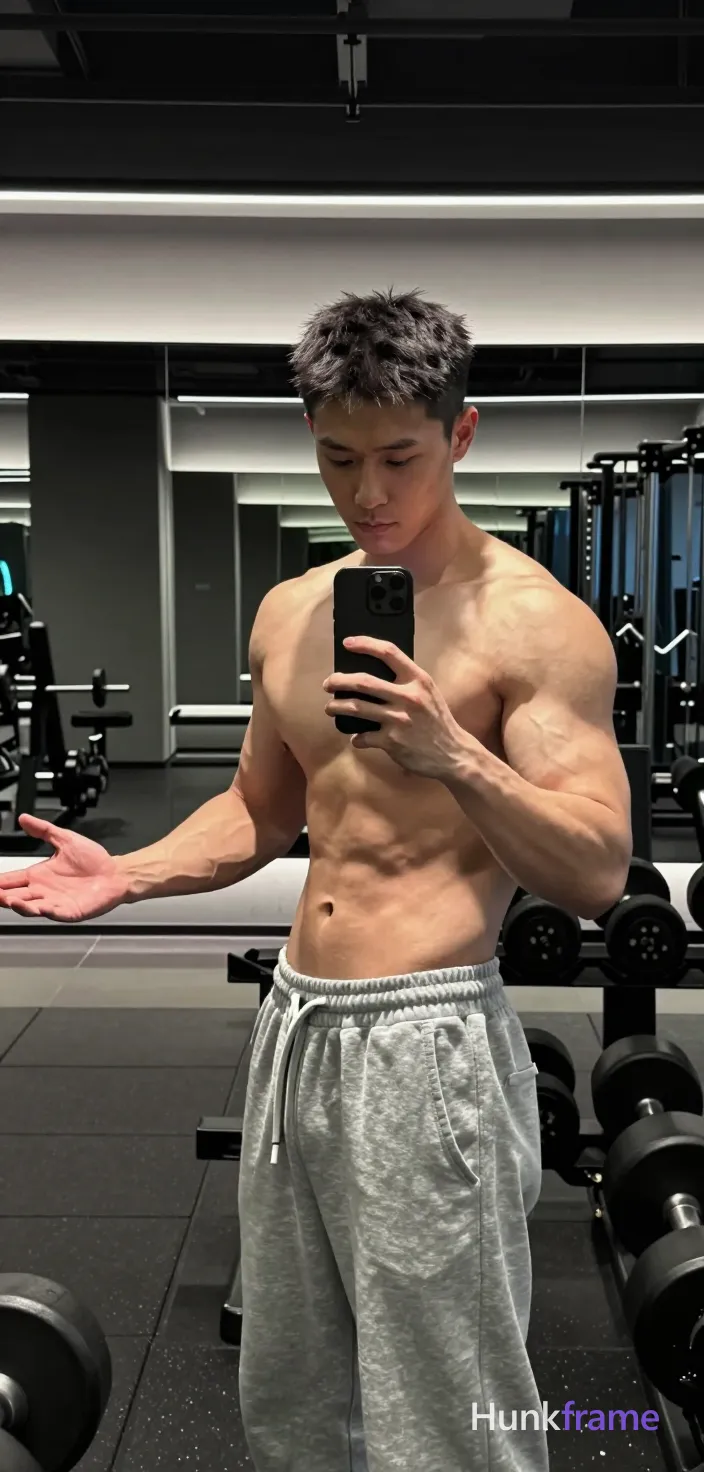 Asian man with short dark textured hair and clean-shaven face, shirtless displaying broad shoulders and defined pectorals; Standing facing gym mirror holding black smartphone in front of chest capturing reflection, left arm extended outward with palm open; Wearing light gray sweatpants with elastic waistband and side pockets; Vertical phone selfie composition center-right foreground from head to mid-thighs; Modern fitness center background with mirrored walls and dumbbell racks under overhead recessed lighting creating soft shadows on torso; High-resolution smartphone capture with slight wide-angle distortion, dramatic fine-art photography emphasizing sculpted musculature in gray black palette; single clean uninterrupted photograph with a cohesive editorial composition and plain continuous surrounding surfaces