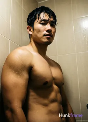 Asian man with short black hair slightly wet and glistening, clean-shaven smooth chin posing sensual