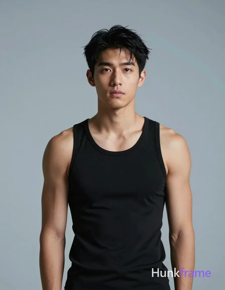 an anonymous figure man with light to medium tan skin and short dark black hair slightly tousled on top, wearing a smooth form-fitting black sleeveless tank top; He stands upright facing forward in high-contrast studio lighting against a plain light blue-gray gradient wall; The composition is a centered chest-up portrait from mid-thigh up with headroom above, focusing on broad shoulders and defined pectorals under soft key light from front-left; single clean uninterrupted photograph with a cohesive editorial composition and plain continuous surrounding surfaces