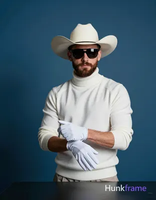 A fair-skinned Caucasian man with a full trimmed beard and mustache stands behind a dark table in a 