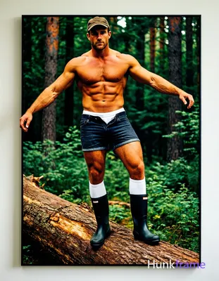 A bold flat-color wall art graphic of a shirtless Caucasian man with light mediu