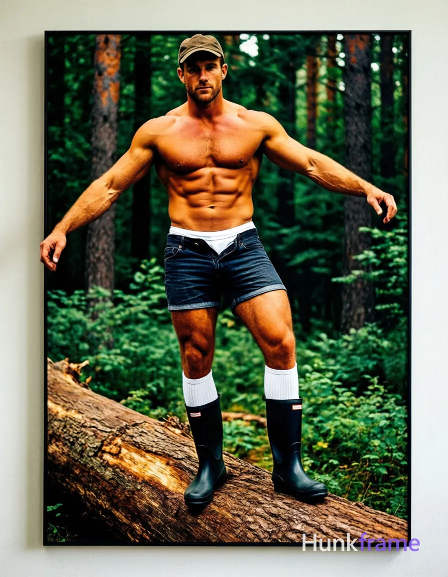 A bold flat-color wall art graphic of a shirtless Caucasian man with light medium tan skin standing on a fallen log; The composition uses high-contrast color blocking to emphasize his broad shoulders, defined pectorals, six-pack abs, and thick thighs against the forest background; He wears dark denim shorts showing the white an anonymous figure waistband, black rubber boots, and white crew socks while balancing with arms extended outward under a cap; single clean uninterrupted photograph with a cohesive editorial composition and plain continuous surrounding surfaces