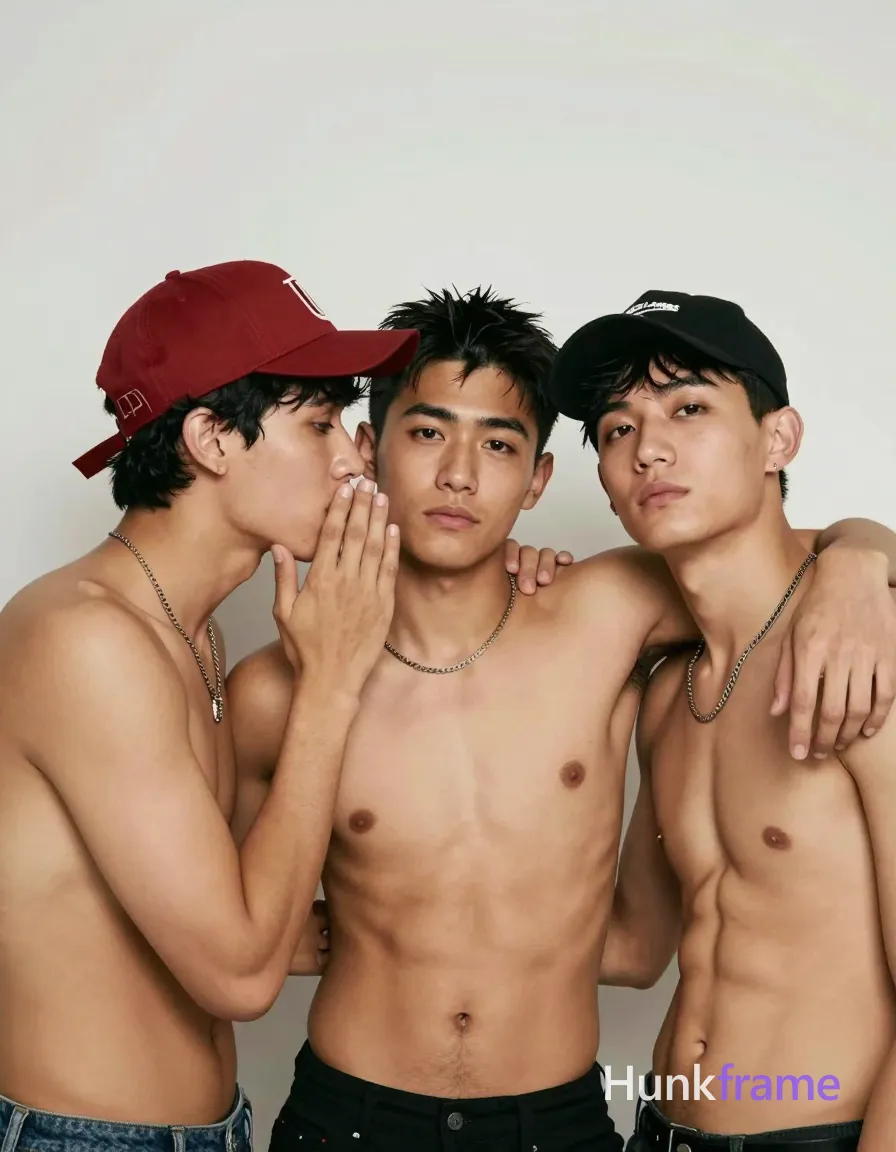 three shirtless men indoors, horizontal landscape orientation, 3:2 aspect ratio, plain light-colored background, each wearing a distinct baseball cap and chain necklace, left man with red cap featuring beard design leaning towards central figure whispering or sharing something private, hand on shoulder, rightmost man relaxed and affectionate with arm around central figure, even soft lighting highlighting muscular builds without harsh shadows, neutral tones in background allowing subjects' skin tone and clothing colors to stand out prominently, intimate and connected mood, masculine fine-art aesthetic