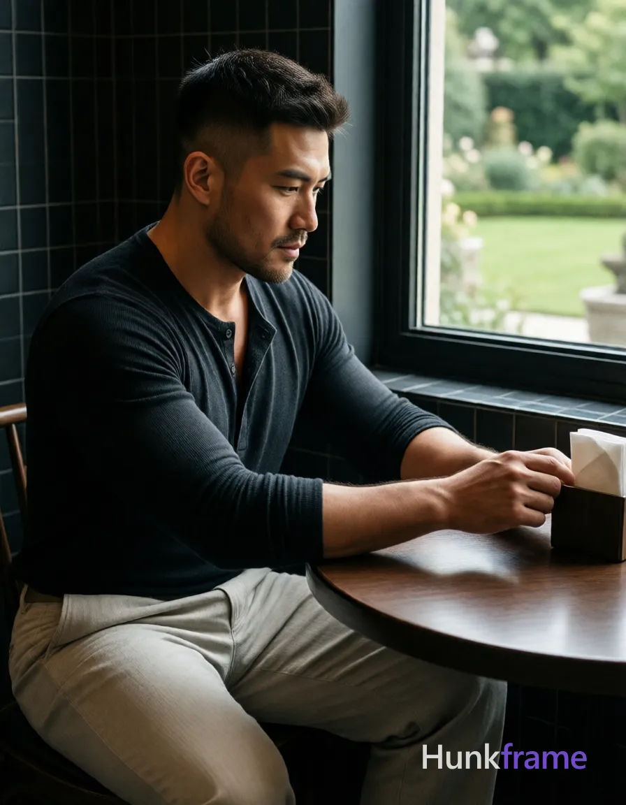 Photograph of exactly 1 adult man. Man 1: Asian, medium-tan, square-jawed with defined cheekbones, short buzz cut, dark brown/black, textured top with faded sides and back, clean-shaven with light stubble on chin and jawline. Man 1 has fully exposed eyes, eyebrows, temples and nose bridge. Broad shoulders, defined pectorals contrast with thick thighs in a sculpted masculine form. Seated sideways at round dark wood table reaching for napkin holder while gazing downward calmly. Dark charcoal long-sleeve henley buttoned mid-chest revealing collarbones over light beige wide-leg trousers. Vertical portrait crop centering subject left facing right toward window with dramatic natural lighting. Indoor cafe booth featuring dark tiled walls, large glass window overlooking manicured garden outside. Soft daylight highlights face and arms creating deep shadows that emphasize the sculpted physique mood. Fine-art photography aesthetic capturing quiet luxury homoerotic undertones in a premium fashion editorial