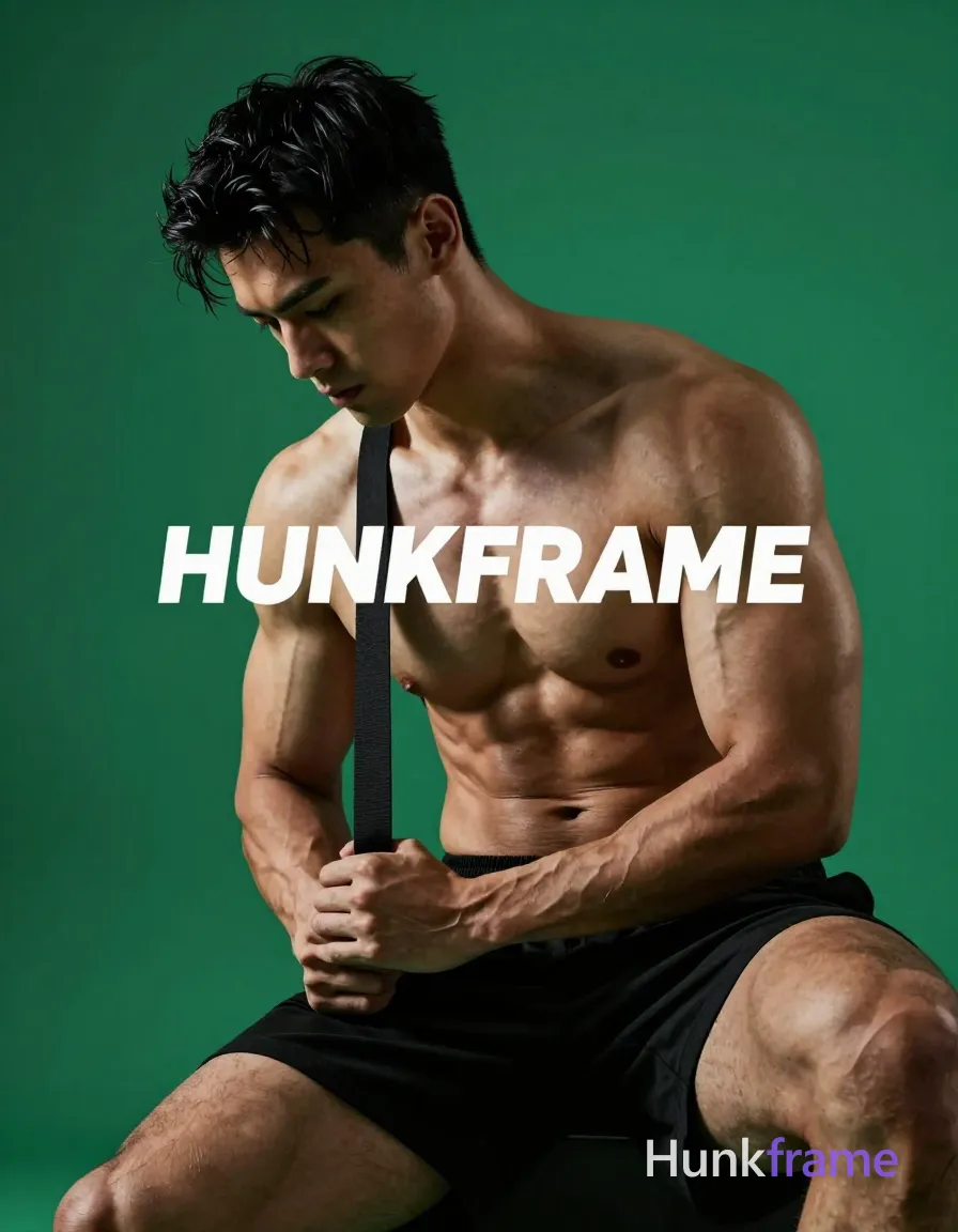 A striking full-bleed vertical phone wallpaper of a muscular adult man with dark short slightly wavy hair and clean-shaven face. He is seated or crouched leaning forward, shirtless to show defined pectorals, deltoids, and abdominal definition on light to medium skin wearing black athletic shorts. His right thigh extends prominently into the bottom-right corner while holding a black strap draped over his shoulder with both hands near waist level. The composition occupies the right two-thirds of frame against a saturated green background. High-contrast dramatic directional lighting sculpts the physique in clean negative space style, creating an intense focused mood. Include exactly one visible wordmark, spelled exactly "HUNKFRAME", in the same compositional text position; preserve its appropriate typography and scale. No other visible text, logo, caption, username, hashtag, comment, watermark, or UI chrome., a single uninterrupted photograph only, no written words or typography anywhere in frame, no captions, no app UI, no social-media post layout, no screenshot borders