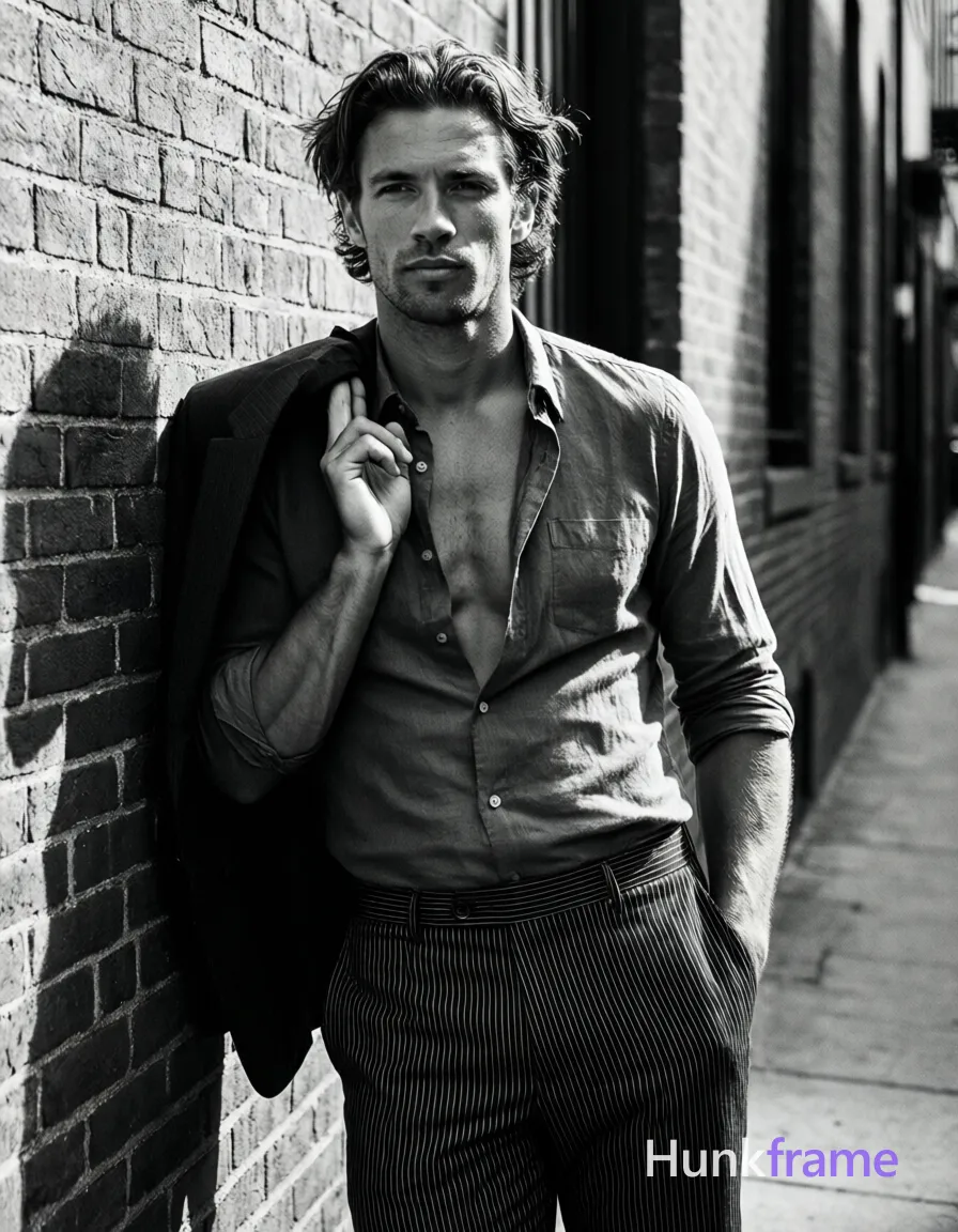 A medium-dark skinned man with dark wavy hair styled back stands leaning against a textured brick wall in an outdoor urban alleyway. He wears striped trousers with vertical pinstripes and holds a dark blazer over his right shoulder while keeping his left hand deep in his pocket. His open-collared button-down shirt is unbuttoned at the chest revealing a bare torso, abdomen, shoulders, arms from elbow down, and neck. The pose captures him standing vertically head-to-mid-thigh with a neutral gaze directed slightly off-camera. High-contrast black-and-white lighting casts strong directional shadows from upper left creating deep sculptural tones on his lean build against the monochrome grayscale palette of fine-art fashion photography., same aesthetic theme and photo feel as the reference but a different man in a different pose with distinct body proportions, Northern European man, light freckled skin, dirty blond hair, tall lanky runner frame, a single uninterrupted photograph only, no written words or typography anywhere in frame, no captions, no app UI, no social-media post layout, no screenshot borders