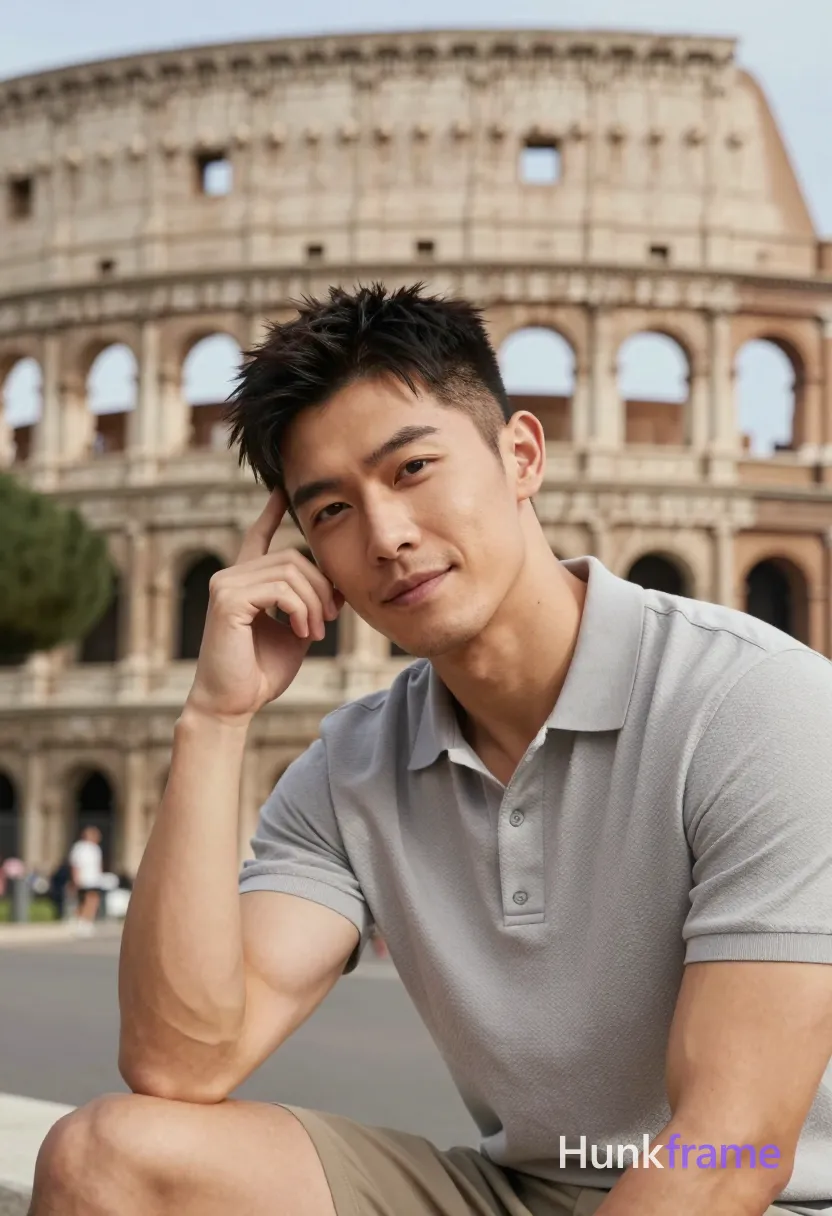 Asian man with light-medium skin and short dark hair featuring a textured top, faded sides, clean neckline; Clean-shaven face with light stubble on chin and jawline, calm composed expression with slight smile; Seated leaning left elbow on surface right hand resting against temple near ear head tilted slightly to viewer's left wearing light gray textured polo shirt fully clothed lean build occupying lower-right quadrant of frame outdoor urban plaza blurred Colosseum background clear blue sky shallow depth of field soft natural lighting warm beige stone tones muscle bear aesthetic broad shoulders rugged warm confidence serene contemplative mood portrait composition 13:19 aspect ratio, same aesthetic theme and photo feel as the reference but a different man in a different pose with distinct body proportions, Japanese man, soft masculine features, straight black hair, slim dancer build; single clean uninterrupted photograph with a cohesive editorial composition and plain continuous surrounding surfaces