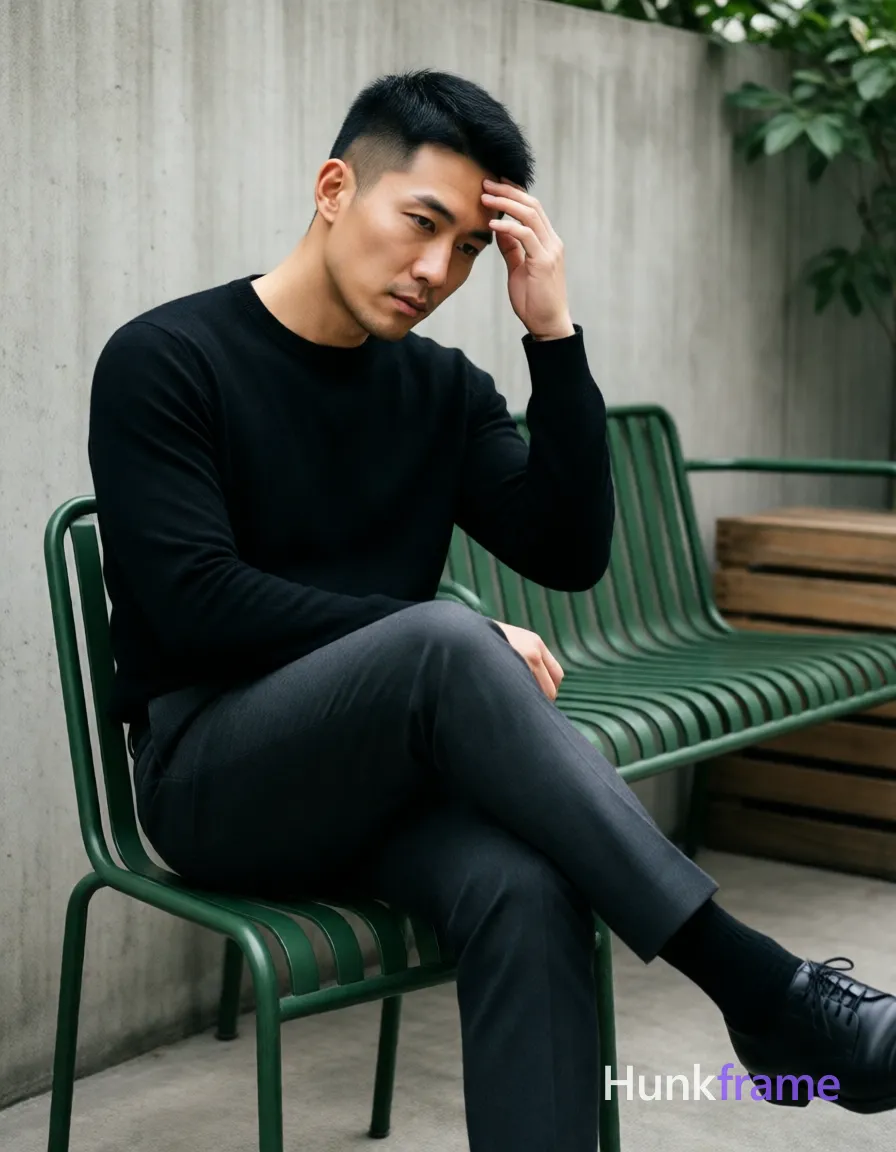 Photograph of exactly 1 adult man. Man 1: Asian, light-medium, oval with defined jawline, short black hair, textured top with faded sides and back (undercut style), clean-shaven head, clean-shaven. Man 1 has fully exposed eyes, eyebrows, temples and nose bridge. slim Asian build with light-medium skin, short textured black undercut. seated in green metal chair right leg crossed over left knee hand on forehead. black long-sleeve crewneck sweater dark gray tailored trousers mid-calf socks leather shoes. full-body vertical portrait 13:19 aspect ratio slightly angled perspective center-right frame. outdoor patio textured concrete wall green slatted bench wooden crate partial foliage top right. natural daylight from above-left soft shadows under chin nose even ambient shaded illumination. fine-art photography dramatic natural lighting sculpted pose urban-chic minimalist fashion editorial aesthetic