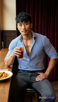 Asian man with medium-light skin, short dark black hair textured top and sides with tousled front ba