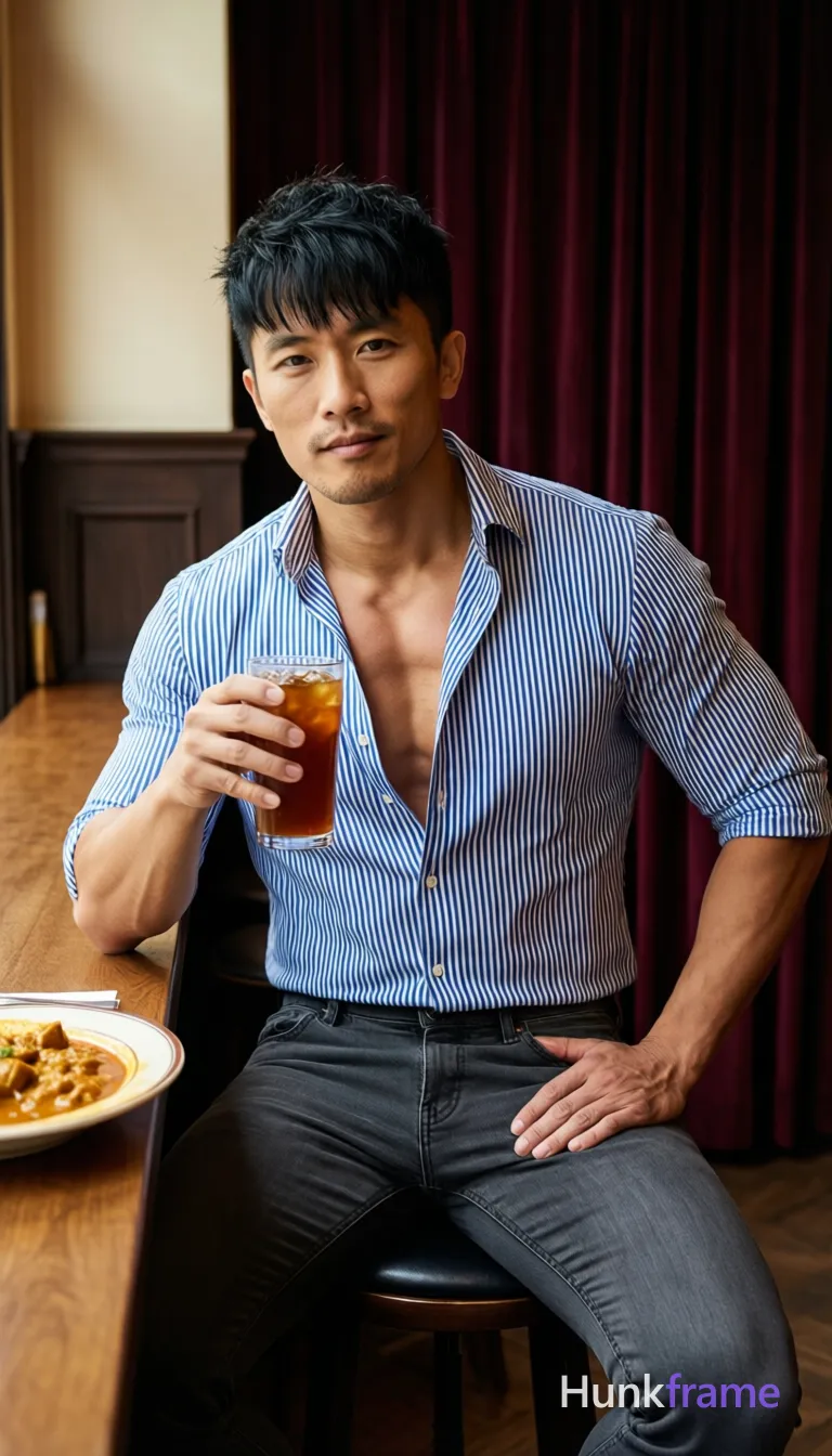Asian man with medium-light skin, short dark black hair textured top and sides with tousled front bangs, clean-shaven face; Seated on high bar stool torso angled slightly toward viewer holding tall glass of iced tea in right hand fingers wrapped around base left hand flat against hip thigh area; Wearing blue-and-white vertical-striped button-down shirt sleeves rolled to mid-bicep top two buttons undone revealing upper chest and collarbone dark gray slim-fit jeans artistic partial nude adult exposing upper chest above shirt opening broad shoulders defined pectorals toned arms seated at wooden counter with plate of curry in foreground left indoor restaurant booth dark wood paneling maroon velvet curtain backdrop warm ambient interior lighting soft directional fill from left side shallow depth of field rich color grading typical of fashion editorial fine-art photography aesthetic 13:19 aspect ratio; FULL GARMENT TEXT REPLACEMENT: remove every source garment word, sentence, slogan, logo, and partial brand spelling from every existing print area, then replace those source marks with only the wordmark, spelled; single clean uninterrupted photograph with a cohesive editorial composition and plain continuous surrounding surfaces