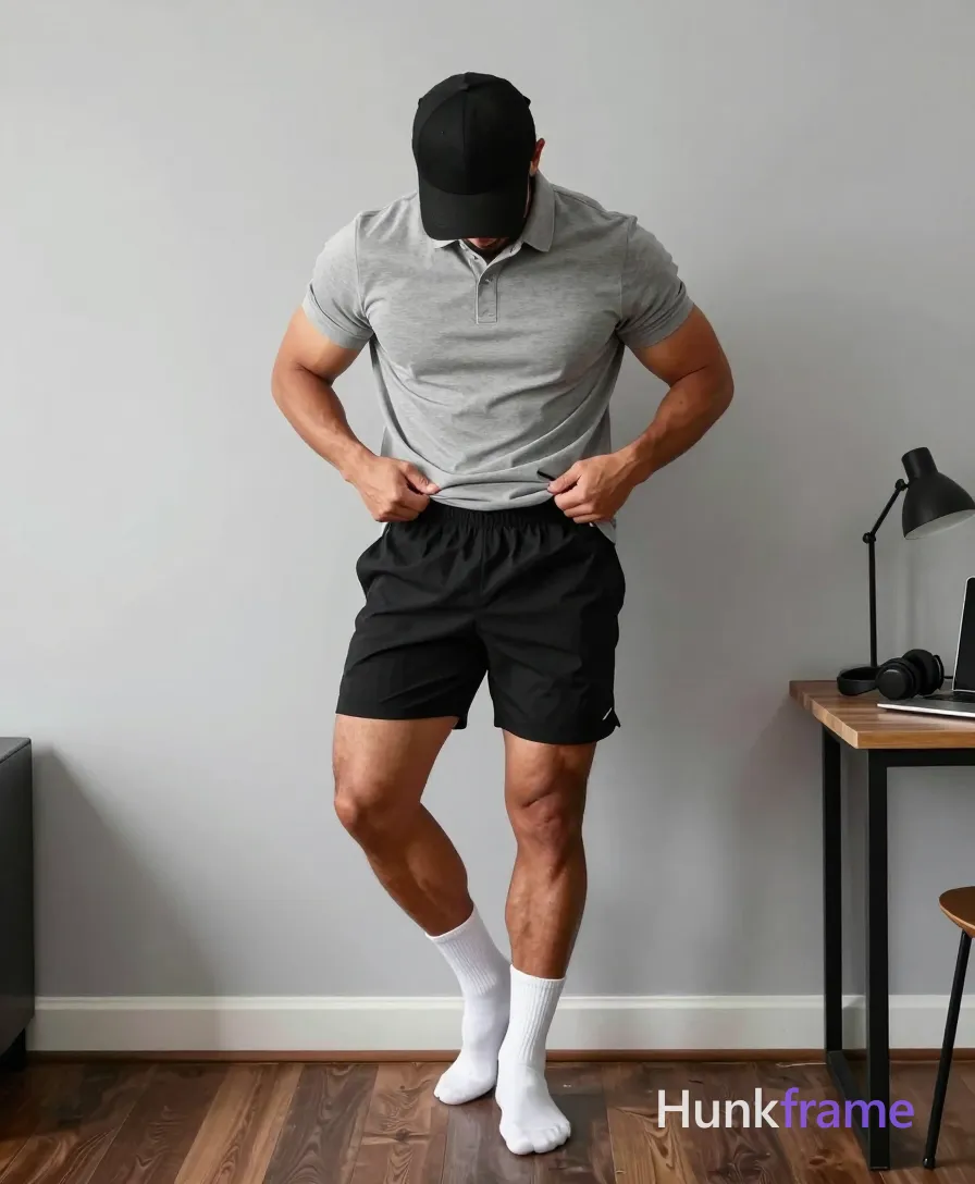Bold flat-color wall art graphic of an adult man with light to medium tan skin standing sideways, head bowed under a black baseball cap; He pulls up his heather grey polo shirt waistband mid-thigh with both hands while shifting weight onto the right leg; thick thighs and defined calves are fully exposed below knee-length black athletic shorts; White crew socks show on bare feet against dark wood flooring; The setting is an indoor room with light grey walls, a desk, laptop, lamp, and headphones to the right; Soft directional natural light from the right casts subtle shadows across his sculpted physique; single clean uninterrupted photograph with a cohesive editorial composition and plain continuous surrounding surfaces