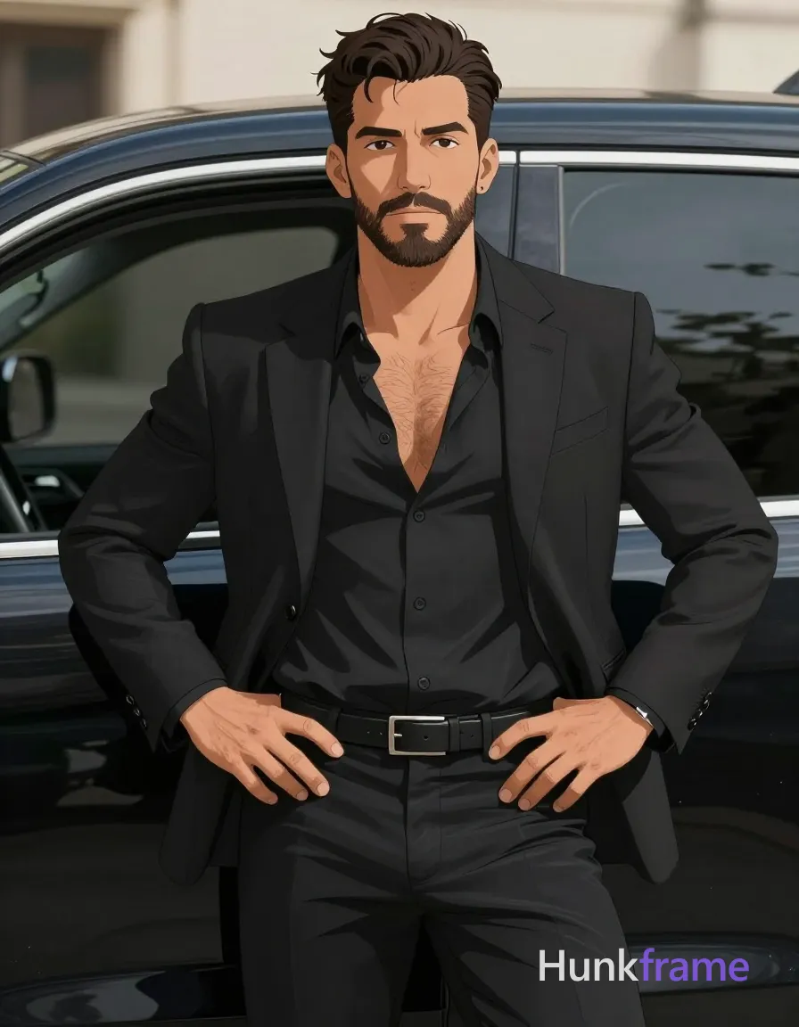 A polished anime-style illustration of a 30-year-old Caucasian man with medium-tan skin and dark brown textured hair swept back from his forehead. He sports a well-groomed short beard and mustache, staring seriously at the viewer while standing waist-up in front of a black car door. His left hand rests on his hip and right arm bends with a fist near his waist. Dressed in an unbuttoned black suit jacket revealing his chest, open-collared shirt, black trousers, and silver-buckle belt, he displays broad shoulders and thick thighs under high-contrast lighting., same aesthetic theme and photo feel as the reference but a different man in a different pose with distinct body proportions, Turkish man, olive skin, aquiline nose, lean hairy chest editorial look, a single uninterrupted photograph only, no written words or typography anywhere in frame, no captions, no app UI, no social-media post layout, no screenshot borders