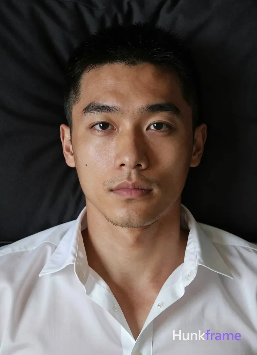 Photograph of exactly 1 adult man. Man 1: East Asian, light to medium tan with natural texture and pores visible under soft lighting, oval with defined jawline, short buzz cut, black, straight texture, even length all around, light stubble on chin and jawline, sparse mustache area, clean-shaven cheeks, small mole on left cheek near eye corner. Man 1 has fully exposed eyes, eyebrows, temples and nose bridge. Lean East Asian build with light tan skin texture, visible pores. Lying supine on back with head tilted left, shoulders relaxed against dark pillow. White satin button-down shirt featuring wide collar, deep V-neck exposing upper chest. Vertical 13:19 close-up portrait centered tightly from forehead to shoulders. Indoor bedroom environment utilizing black textile background suggesting bed linens or pillows. Soft directional front-left light creating subtle shadows on right side of face and neck. Fine-art photography with dramatic chiaroscuro lighting emphasizing sculpted facial features