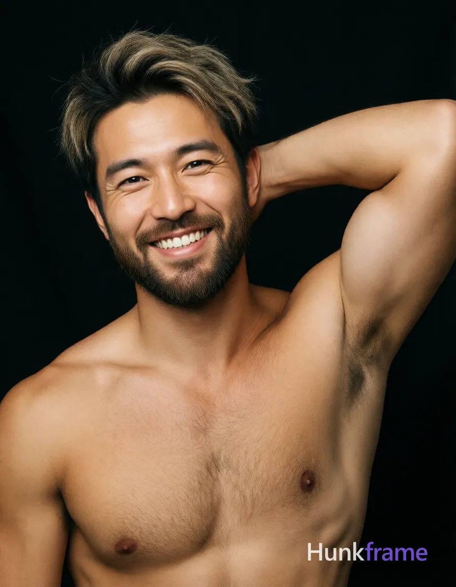 A handsome Caucasian man with fair light tan skin and warm undertones stands shirtless in a vertical portrait orientation against a seamless black backdrop; He has short textured tousled hair fading from dark brown roots to lighter blonde, wearing a neatly trimmed soft dense beard; His broad shoulders and defined clavicles frame sculpted pectoral muscles under studio lighting that creates even illumination across facial features; He smiles broadly showing upper teeth with eyes crinkled slightly at corners while tilting his head left in direct gaze toward camera; Right arm raised behind head with elbow bent outward, forearm partially visible against black background, same aesthetic theme and photo feel as the reference but a different man in a different pose with distinct body proportions, Japanese man, soft masculine features, straight black hair, slim dancer build; single clean uninterrupted photograph with a cohesive editorial composition and plain continuous surrounding surfaces