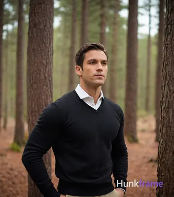 a handsome masculine man standing straight with his head slightly tilted forward