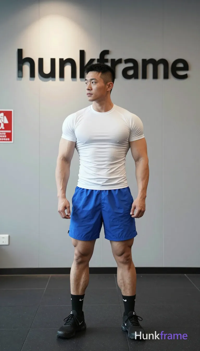 Asian man with short black buzz cut and high fade, clean-shaven face with neutral focused gaze standing upright slightly left; Wearing white fitted compression t-shirt covering torso completely, blue athletic shorts ending mid-thigh exposing thick thighs and calves, black crew socks with white Nike swoosh logo, black athletic sneakers; Indoor gym setting with light gray paneled walls, dark tiled flooring, fire safety signage on left wall; Overhead recessed lighting casting soft shadows, even ambient illumination with slight directional highlight from above-left; Full-body vertical shot head to mid-calf centered in frame; Clean composition naturalistic lighting documentary-style framing muscle bear aesthetic emphasizing broad shoulders and meaty chest within athletic build; FULL TEXT REPLACEMENT: remove every original source word, sentence, slogan, logo, and partial spelling from the text-bearing area, then replace it with only the wordmark, spelled exactly "hunkframe" on the sign in the composition; This is replacement; Preserve appropriate typography and scale; No other visible text, logo, caption, username, hashtag, comment, watermark, or UI chrome; single clean uninterrupted photograph with a cohesive editorial composition and plain continuous surrounding surfaces