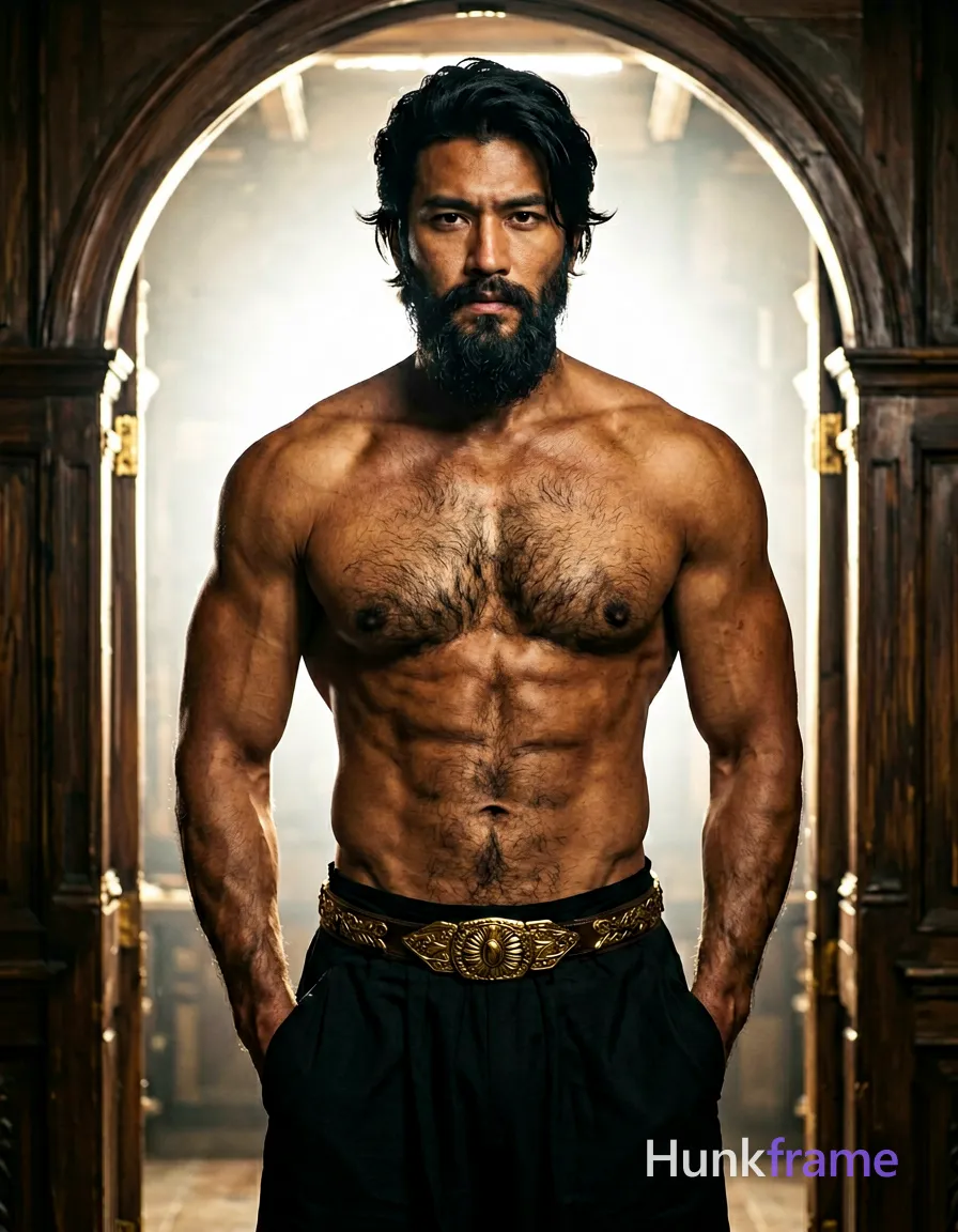 A handsome medium-brown adult man stands frontal with hands in pockets, wearing a black draped lower garment and belt ornament. His dark-black hair is styled back with side-swept bangs, framing full dark beard and mustache while he offers a direct gaze with neutral lips. Shirtless torso reveals muscular chest, defined abdominal muscles, and visible body hair on the skin. Full-body vertical crop from chest to thighs centers him against an arched dark wood frame with bright backlighting creating strong key light from behind above. High-detail portrait photography style emphasizes musculature in dramatic lighting using a black, gold, and skin-tone palette