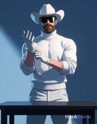 A fair-skinned Caucasian man with a full trimmed beard and mustache stands behind a dark table in an