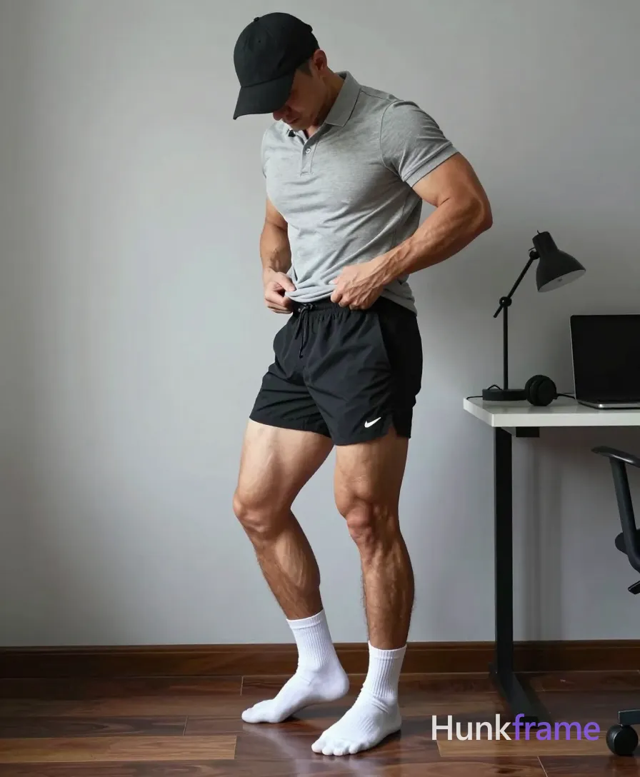 Confident adult man with light to medium tan skin poses sideways in a tasteful suggestive vertical shot, head bowed under a low black baseball cap; He grips the waistband of his heather grey polo shirt and pulls it up mid-thigh with both hands, shifting weight onto the right leg; thick thighs and defined calves are fully exposed below knee-length black athletic shorts; White crew socks show on bare feet against dark wood flooring; The setting is an indoor room with light grey walls, a desk, laptop, lamp, and headphones to the right; Soft directional natural light from the right highlights his sculpted physique; single clean uninterrupted photograph with a cohesive editorial composition and plain continuous surrounding surfaces