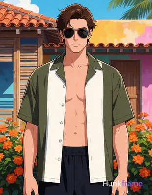 Polished anime 2.5D next-gen game art of an adult Caucasian man with fair to lig