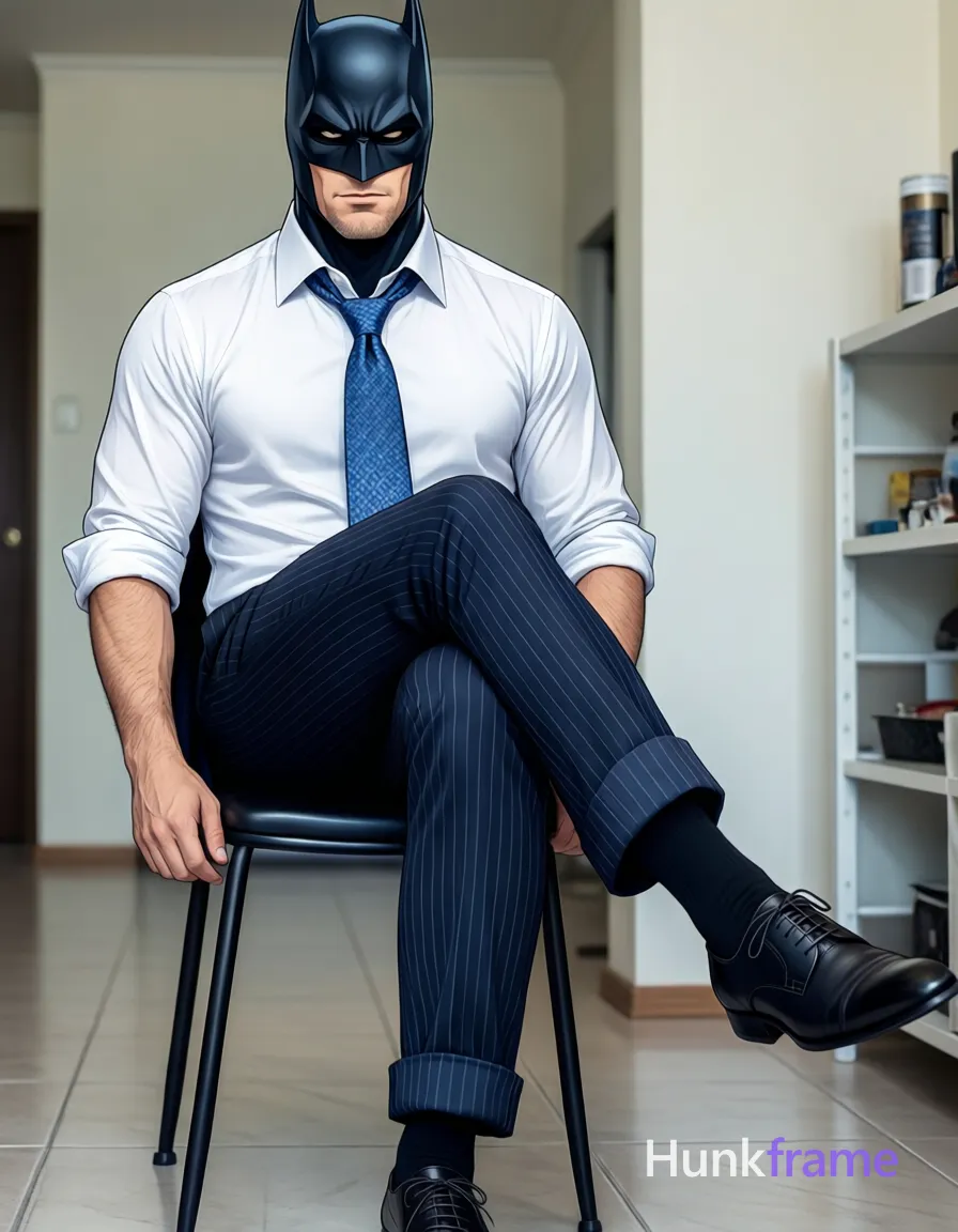 Adult masculine man in a Batman cowl seated on a black bar stool, left leg crossed over right knee. He wears a white button-down dress shirt with sleeves rolled to mid-forearm and a blue patterned necktie knotted at the collar. Dark navy pinstripe trousers feature cuffs slightly turned up, paired with black lace-up oxfords and visible black socks above the shoe line. Indoor room with light-colored walls and tiled floor; partial view of white shelving unit to the right holding miscellaneous items including a cylindrical container. Soft ambient indoor lighting highlights his slim build skin texture. Full-body shot from head to toe, centered in frame within an 832x1216 vertical portrait composition rendered as polished anime style., a single uninterrupted photograph only, no written words or typography anywhere in frame, no captions, no app UI, no social-media post layout, no screenshot borders