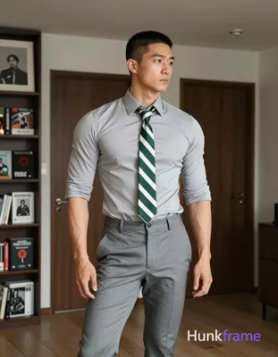Asian man with short buzz cut and clean-shaven face standing in a modern apartment interior, torso a