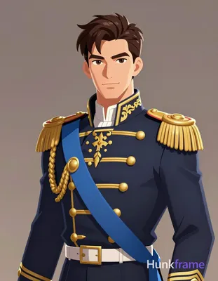 Caucasian adult man with fair warm skin and short dark brown hair, sideburns ext