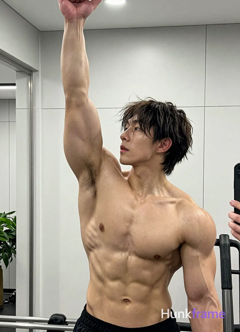 Asian man with short dark brown hair and straight texture Shirtless athletic build with defined pectorals and visible abdominal definition stands upright in an indoor gym setting; Right arm raised high above head out of frame; left arm down at side; Torso slightly angled toward camera reflecting mirrored walls and weight racks under overhead artificial lighting; Naturalistic photography, slightly grainy texture, 13:19 aspect ratio, shot on iPhone 15 Pro main camera, authentic smartphone computational photography, natural Smart HDR and true-to-life skin texture, vertical 9:16 Xiaohongshu lifestyle feed, bright clean everyday scene, unretouched phone photo with subtle sensor grain, trendy Chinese internet 网红 aesthetic, candid influencer energy; single clean uninterrupted photograph with a cohesive editorial composition and plain continuous surrounding surfaces