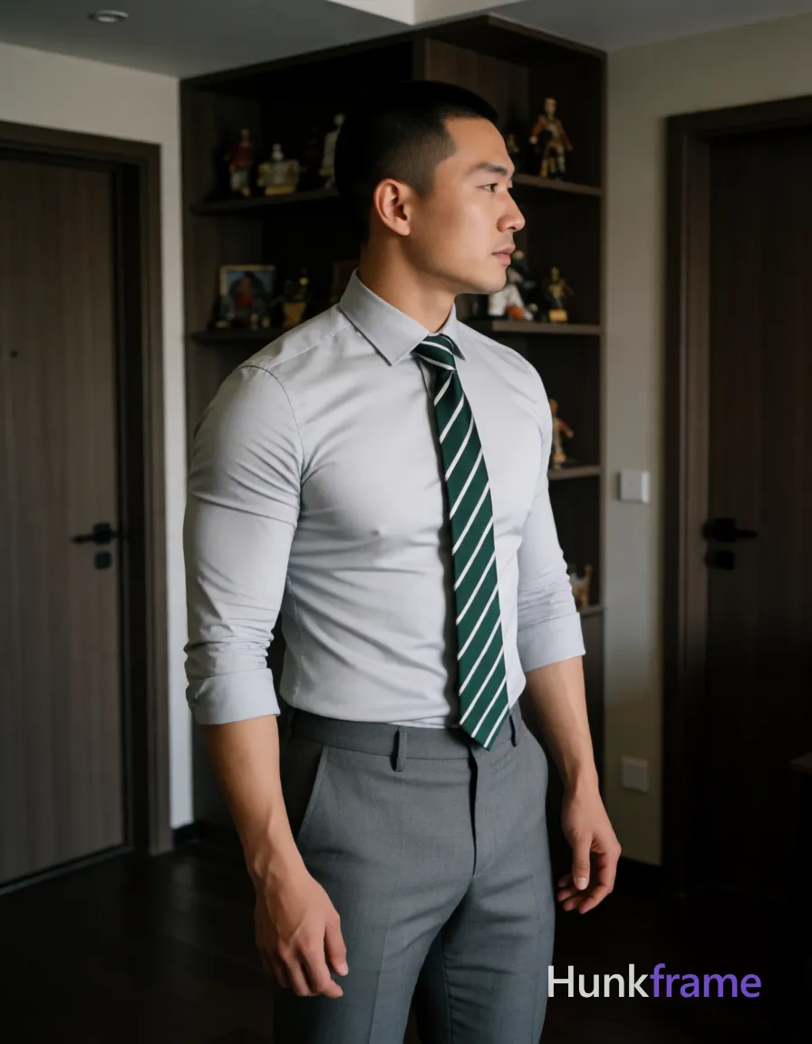 Asian man with short buzz cut and clean-shaven face standing in a modern apartment interior, torso angled right; He wears a tight-fitting light-gray long-sleeve dress shirt with sleeves rolled to mid-forearm, dark green-and-white diagonal-striped necktie knotted at collar, matching gray slim-fit trousers; Broad shoulders, defined pectorals, toned abdominal muscles visible through fabric; thick thighs prominent as legs extended forward and crossed at ankles exposing groin area slightly; Dark wood shelving displaying collectibles in background with two closed doors behind him; Soft directional ambient light from left creates subtle shadows on right torso; Candid lifestyle composition, vertical social-feed look, trendy vibe; single clean uninterrupted photograph with a cohesive editorial composition and plain continuous surrounding surfaces
