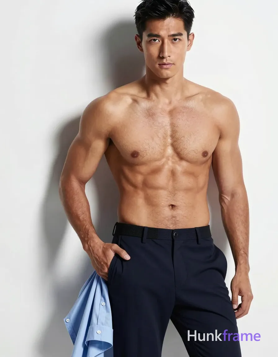 Vertical fashion editorial portrait of a shirtless adult man with medium-tan skin and dense chest hair, sculpted pectorals, defined abs, broad shoulders; He stands slightly leaning left in an indoor gym setting; right hand grips waistband near hip pocket while holding light-blue button-up shirt bunched at elbow against torso; Dark navy tailored trousers with black webbing belt frame the composition from upper chest to mid-thighs; High-contrast studio lighting creates sharp highlights on skin texture and muscle definition, soft shadows under ribs; Clean premium aesthetic, same aesthetic theme and photo feel as the reference but a different man in a different pose with distinct body proportions, Chinese man, light tan skin, high cheekbones, lean wiry martial-arts physique; single clean uninterrupted photograph with a cohesive editorial composition and plain continuous surrounding surfaces