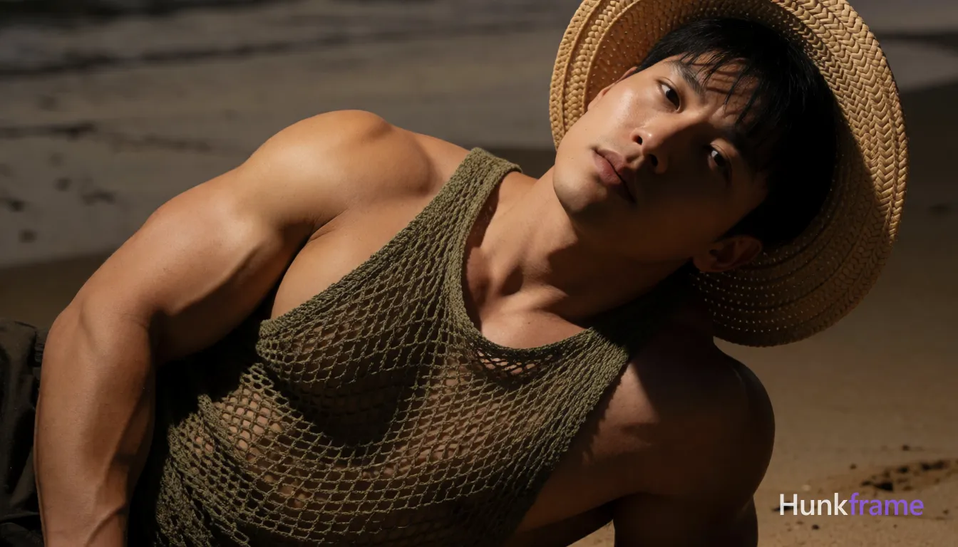 Heavily muscular adult man with substantial muscle mass, wide shoulders, thick neck, large chest and arms, powerful thighs, and dense bodybuilding proportions; Asian man with tanned skin and short black straight hair reclining diagonally across a beach at dusk, head tilted back to the right; Shirtless adult displaying broad shoulders, defined pectorals, and visible abdominal musculature; Olive-green open-knit mesh garment draped loosely around chest; straw hat worn over head extending beyond shoulders; Fine-art photography with high contrast and shallow depth of field blurring wet sand background; Dramatic directional lighting from above-left casting deep shadows under chin and brim; Warm earthy palette, confident strength aesthetic; single clean uninterrupted photograph with a cohesive editorial composition and plain continuous surrounding surfaces