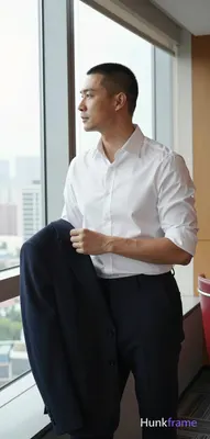 leaning against the same set while opening a jacket; profile toward the window; thoughtful expressio