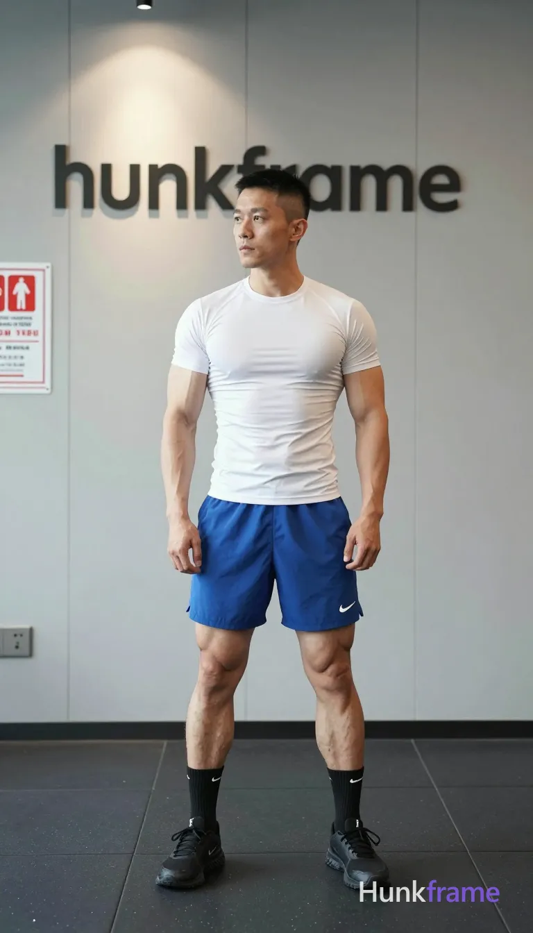 Asian man with short black buzz cut and high fade, clean-shaven face with neutral focused gaze standing upright slightly left; Wearing white fitted compression t-shirt covering torso completely, blue athletic shorts ending mid-thigh exposing thick thighs and calves, black crew socks with white Nike swoosh logo, black athletic sneakers; Indoor gym setting with light gray paneled walls, dark tiled flooring, fire safety signage on left wall; Overhead recessed lighting casting soft shadows, even ambient illumination with slight directional highlight from above-left; Full-body vertical shot head to mid-calf centered in frame; Clean composition naturalistic lighting documentary-style framing premium fashion editorial aesthetic emphasizing masculine physique and athletic form; FULL TEXT REPLACEMENT: remove every original source word, sentence, slogan, logo, and partial spelling from the text-bearing area, then replace it with only the wordmark, spelled exactly "hunkframe" on the sign in the composition; This is replacement; Preserve appropriate typography and scale; No other visible text, logo, caption, username, hashtag, comment, watermark, or UI chrome, same aesthetic theme and photo; single clean uninterrupted photograph with a cohesive editorial composition and plain continuous surrounding surfaces