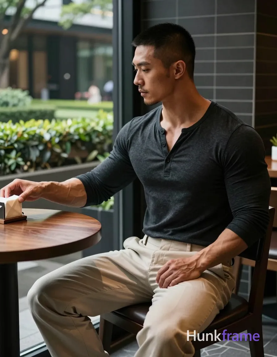 Asian man with medium-tan skin and short buzz cut, clean-shaven chin with light stubble; Seated sideways in profile at a round dark wood table, left arm extended reaching for napkin holder, right hand resting on thigh; Wearing a dark charcoal long-sleeve henley buttoned to mid-chest revealing collarbones and upper sternum, paired with light beige wide-leg trousers; Indoor cafe setting with large glass window overlooking manicured garden, dark tiled wall behind; Natural daylight creates soft highlights on face and arms against dramatic shadows; Fine-art photography aesthetic, sculpted composition emphasizing broad shoulders, defined pectorals, and thick thighs; Athletic strength focus, same aesthetic theme and photo feel as the reference but a different man in a different pose with distinct body proportions, Japanese man, soft masculine features, straight black hair, slim dancer build; single clean uninterrupted photograph with a cohesive editorial composition and plain continuous surrounding surfaces