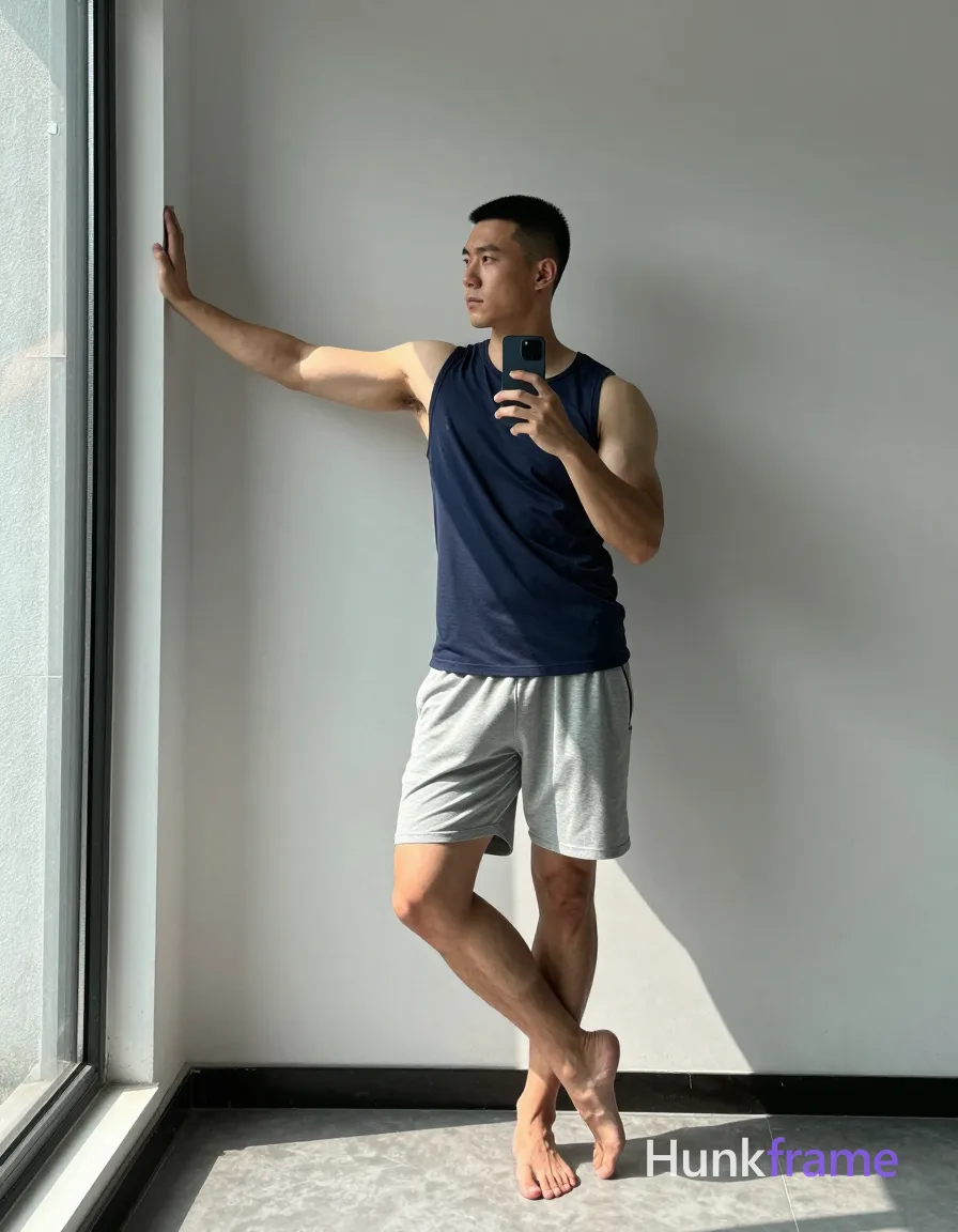 an anonymous figure man with short black buzz cut and clean-shaven face, standing sideways in a minimalist room corner; He wears a dark blue sleeveless tank top covering his torso completely from neck to waistline with crew neckline; light gray loose athletic shorts ending mid-thigh with visible side pockets; Broad shoulders, defined pectorals, toned arms, thick quadriceps and calves are highlighted by dramatic directional sunlight streaming through tall floor-to-ceiling windows with black frames; Weight shifted onto right leg while left foot is slightly lifted off ground in relaxed stance; right arm extended along wall, palm flat against surface; Left hand holds dark smartphone for mirror selfie capture; Full-body shot from head to shoes with slight upward angle capturing entire figure within architectural space centered vertically; Clean lines, naturalistic skin textures, high dynamic range rendering of sunlight effects creating deep shadow zones on left flank enhancing three-dimensional form, same aesthetic theme and photo feel as the reference but a different man in a different pose with distinct; single clean uninterrupted photograph with a cohesive editorial composition and plain continuous surrounding surfaces