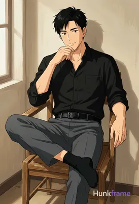 Polished anime style illustration of an adult man with short black hair and clean-shaven face seated