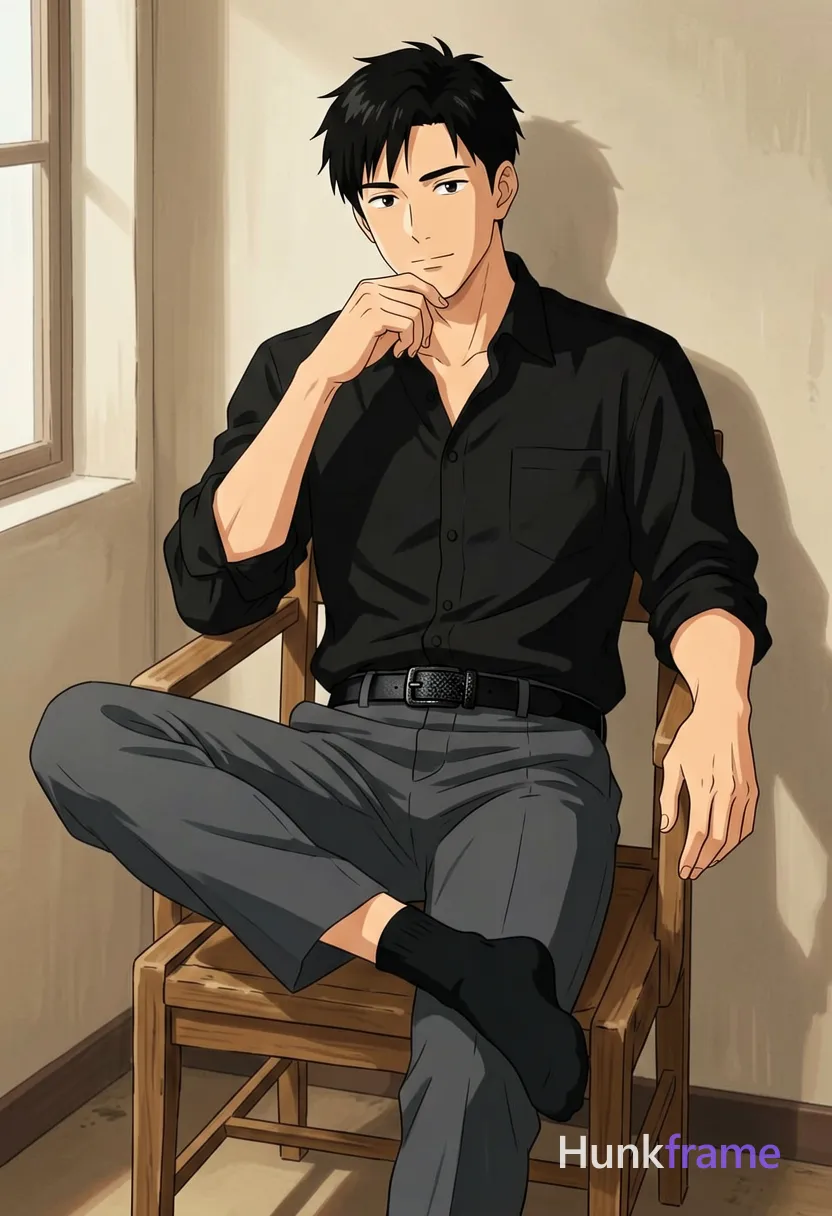 Polished anime style illustration of an adult man with short black hair and clean-shaven face seated on a wooden chair. He leans back against the wall, left leg crossed over right knee, right hand near chin in thoughtful gesture, left arm resting along chair armrest. Dressed in a black button-down shirt sleeves rolled to elbows, dark grey trousers, black belt with textured buckle, and black socks. The scene features clean lines and soft shadows within an indoor corner setting with natural light from the left. Full body shot from knees up to head centered against a beige wall., wearing underwear or swim trunks, covered genitals, no frontal nudity, a single uninterrupted photograph only, no written words or typography anywhere in frame, no captions, no app UI, no social-media post layout, no screenshot borders