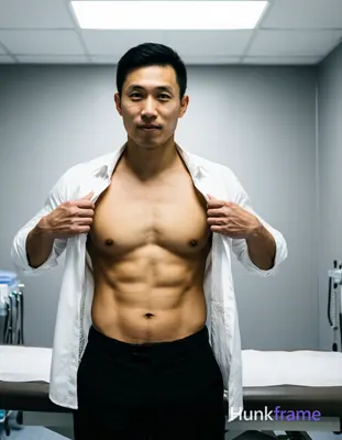 Asian man with short black hair and clean-shaven face stands facing camera in a clinical room, pulli