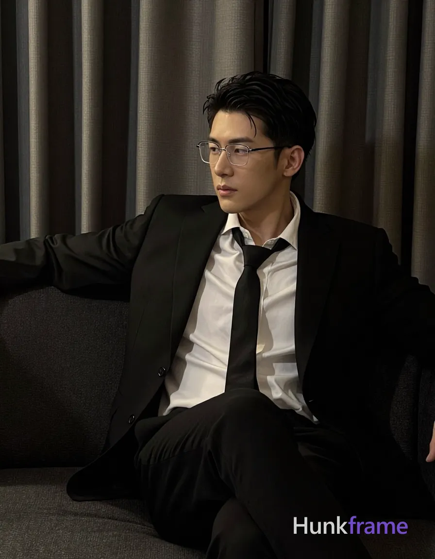 an anonymous figure man with light to medium skin and short textured black hair, wearing rectangular wire-rimmed glasses with thin black frames; Seated on a dark upholstered sofa, left arm extended along the backrest, right leg bent at knee while left leg extends forward; Wearing a single-breasted black suit jacket over a white button-down dress shirt with top two buttons undone and collar open, paired with a centered black necktie; Mid-shot waist-up to thighs, head slightly tilted right; Indoor setting with heavy dark gray curtains in background; Soft directional lighting from front-left creates subtle shadows on face and fabric textures; Shallow depth of field blurring curtain folds for fine-art photography aesthetic; The adult man visibly wears rectangular wire-rimmed glasses with thin black frames; clear lenses; worn on face covering both eyes on his face; preserve the exact frame shape, rim style, color, material, and lens tint, shot on iPhone 15 Pro main camera, authentic smartphone computational photography, natural Smart HDR, vertical 9:16 Xiaohongshu lifestyle post; single clean uninterrupted photograph with a cohesive editorial composition and plain continuous surrounding surfaces