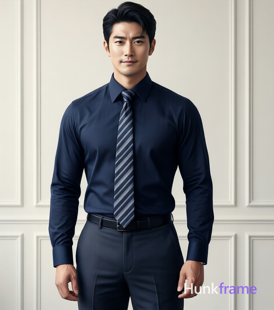 Vertical anime portrait of an adult man standing facing forward with hands relaxed at sides, wearing