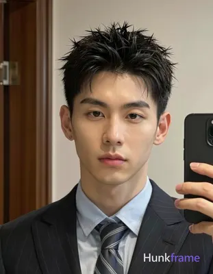 Photograph of exactly 1 adult man. Man 1: East Asian, light to medium, oval with defined jawline and