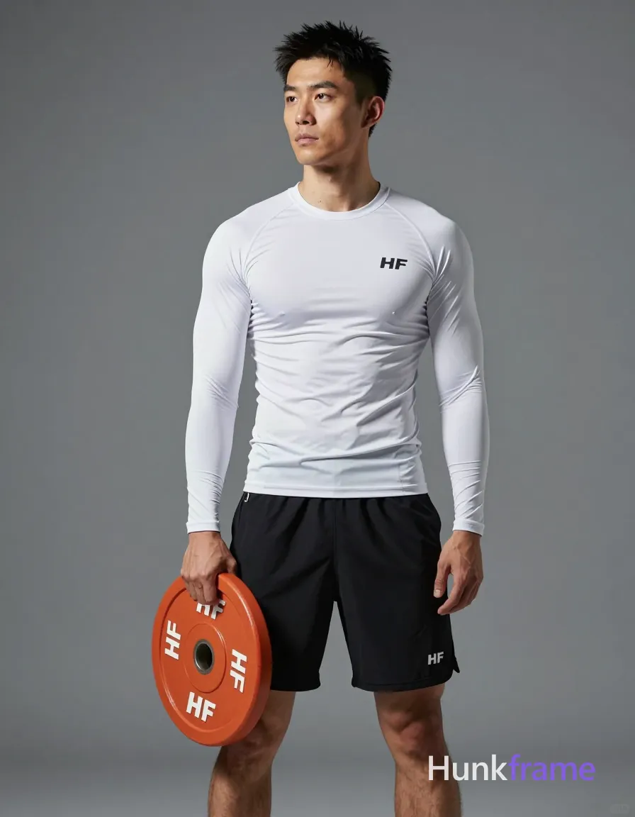 Asian adult man with short black textured hair and clean-shaven face, neutral serious gaze leftward holding an orange 10kg HF weight plate at waist level; Wearing white long-sleeve compression top with chest paneling and small logo on left chest; black athletic shorts mid-thigh with white logo on lower right leg; Standing upright torso straight against gray gym wall background, full body head-to-knees centered shot; Slightly elevated camera angle emphasizing lean muscular physique definition; Soft directional lighting from front-left creating subtle shadows; Vertical portrait composition 13:19 aspect ratio, sharp focus; FULL GARMENT TEXT REPLACEMENT: remove every source garment word, sentence, slogan, logo, and partial brand spelling from every existing print area, then replace those source marks with only the wordmark, spelled exactly "HF"; This is replacement, Repeated "HF" marks are allowed only where the source garment already had printed text; preserve appropriate placement, typography, color, and scale; No other visible text, logo, caption, username, hashtag, comment, watermark, or UI chrome, same aesthetic theme and photo feel as; single clean uninterrupted photograph with a cohesive editorial composition and plain continuous surrounding surfaces